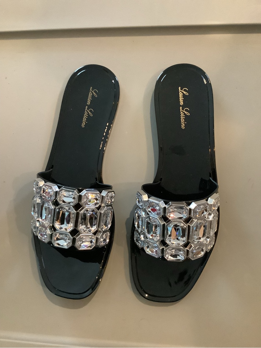 Lauren Lorraine Black Crystal-Embellished Slide Mules Sz 11 Brand New